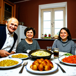 Traditional Russian Feast**

"A beautifully set table laden with traditional Russian foods: homemade pelmeni, a golden-brown pirog, fresh vegetables from a farmer's market, and a bottle of kvass. The setting is a warm, inviting kitchen with a samovar steaming in the background.  Fully clothed family members are gathered around the table, smiling and enjoying the meal. Safe for work, appropriate content, family-friendly, professional photography, perfect anatomy, natural proportions, high quality."

**