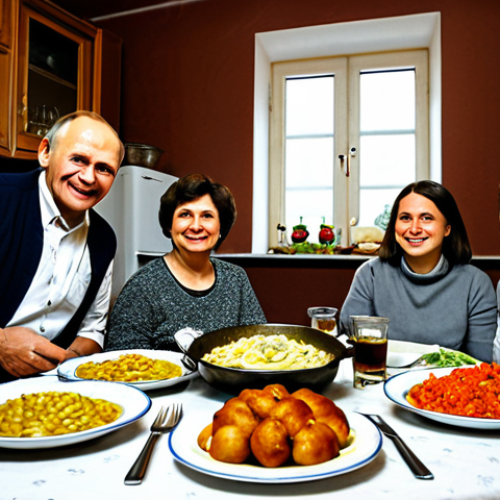 Home 4 Traditional Russian Feast**
"A beautifully set table laden with traditional Russian foods: homemade pelmeni, a golden-brown pirog, fresh vegetables from a farmer's market, and a bottle of kvass. The setting is a warm, inviting kitchen with a samovar steaming in the background. Fully clothed family members are gathered around the table, smiling and enjoying the meal. Safe for work, appropriate content, family-friendly, professional photography, perfect anatomy, natural proportions, high quality."
**
