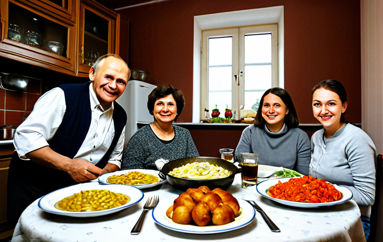 Traditional Russian Feast**
"A beautifully set table laden with traditional Russian foods: homemade pelmeni, a golden-brown pirog, fresh vegetables from a farmer's market, and a bottle of kvass. The setting is a warm, inviting kitchen with a samovar steaming in the background. Fully clothed family members are gathered around the table, smiling and enjoying the meal. Safe for work, appropriate content, family-friendly, professional photography, perfect anatomy, natural proportions, high quality."
**