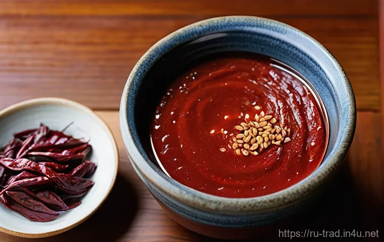 고추장 - **Prompt 1: The Essence of Gochujang - Traditional Roots and Rich Flavor**
A close-up, top-down ...