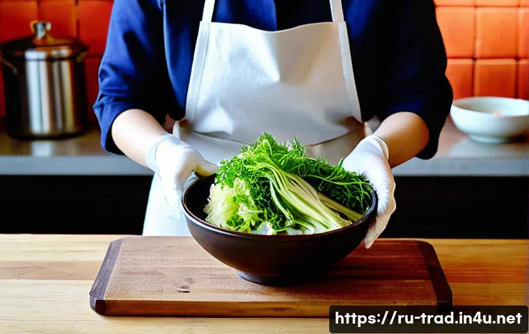 전통김치의 종류 - **Vibrant Baechu Kimchi Preparation:** A medium shot of a Korean woman in her late 30s, wearing a cl...