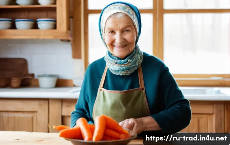 전통 발효식품의 효능과 장점 - **Prompt:** A cozy, warm scene inside a rustic Russian country kitchen. An elderly Russian woman, a ...