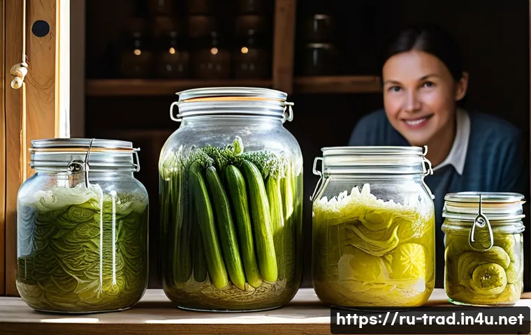 발효식품 산업 동향 - A vibrant artisanal Eastern European kitchen scene showcasing traditional fermentation: a rustic woo...