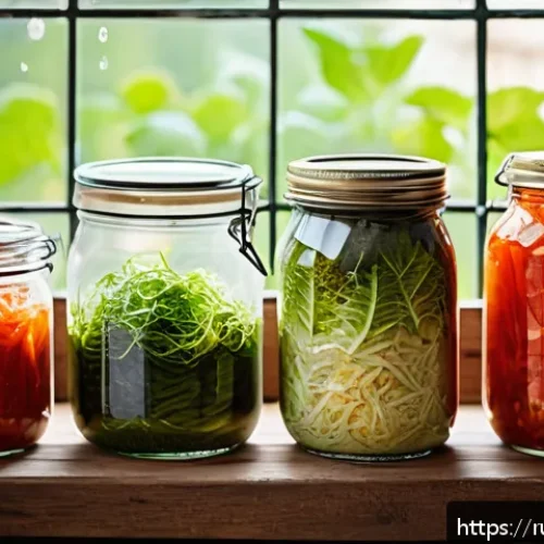 Home 32 전통 장류의 건강 효과 - A vibrant, detailed kitchen scene showcasing a diverse assortment of fermented foods popular in Russ...