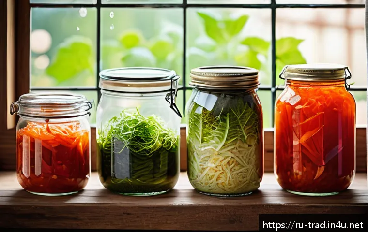 전통 장류의 건강 효과 - A vibrant, detailed kitchen scene showcasing a diverse assortment of fermented foods popular in Russ...