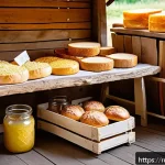 Home 18 전통 식품 쇼핑몰 - A rustic farmer’s market scene in a Russian village setting, featuring traditional local products su...