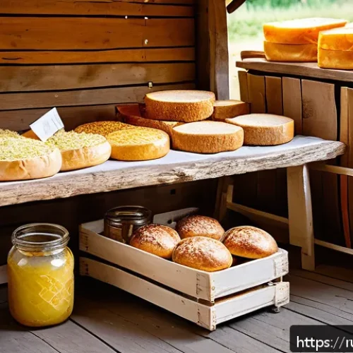 Home 30 전통 식품 쇼핑몰 - A rustic farmer’s market scene in a Russian village setting, featuring traditional local products su...