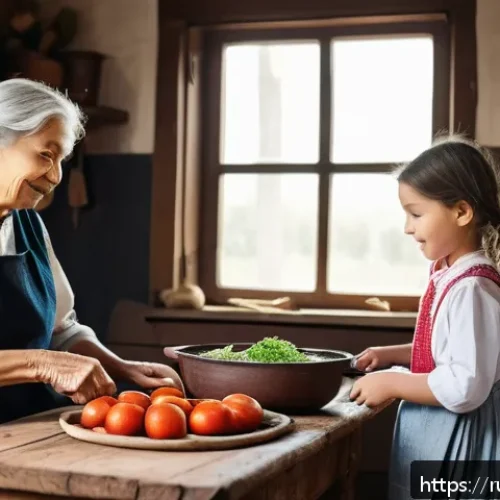 Home 17 전통식품의 제조 과정 - A warm, rustic kitchen scene featuring a grandmother and her granddaughter preparing traditional bor...