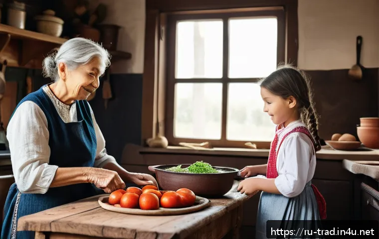 전통식품의 제조 과정 - A warm, rustic kitchen scene featuring a grandmother and her granddaughter preparing traditional bor...