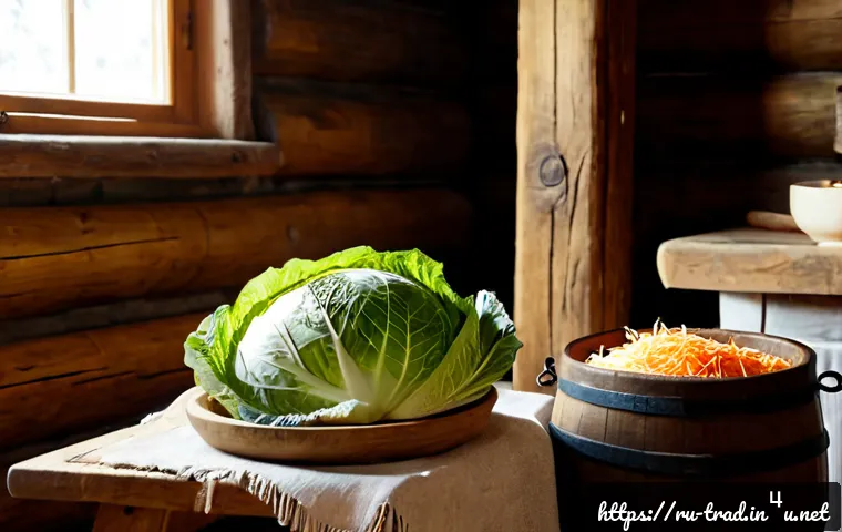 Home 17 전통김치의 역사 - Photorealistic historical still life of traditional Russian cabbage fermentation, a large wooden bar...
