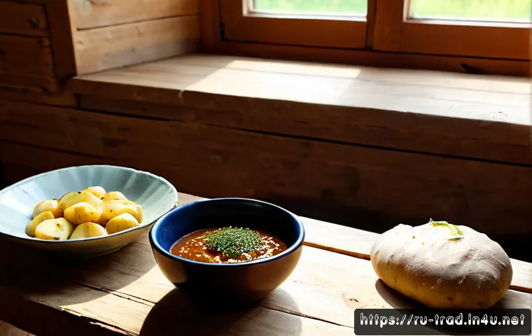 된장 효능 - Photorealistic rustic Russian kitchen table at morning, an unbranded ceramic bowl of rich brown ferm...