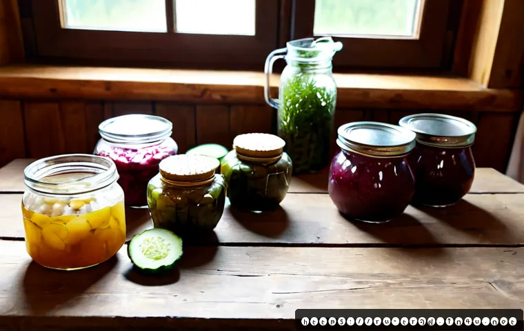 발효식품의 종류 - Photorealistic overhead still life of traditional Russian fermented foods arranged neatly on a rusti...